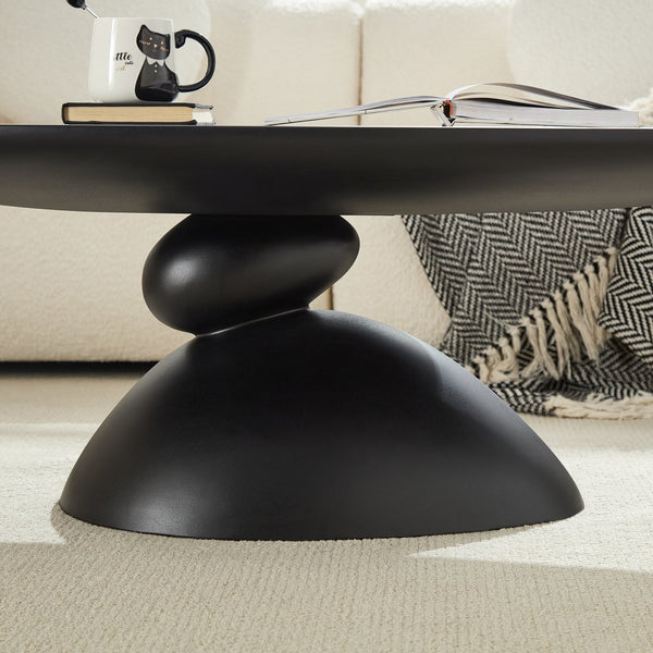 English Elm 47.27" Lucky Stone Oval CoffeeTable with Sculptural Stacked Pebble Base, Minimalist Fiberglass Centerpiece Black W2664S00046