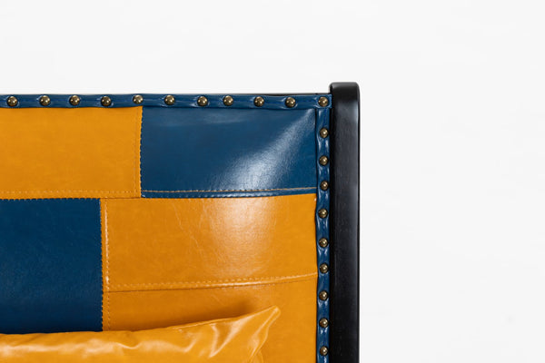 English Elm Modern Mid Century Boho Accent Chair for Living Room — Scandinavian PU Leather, Solid Wood Frame, Cozy Recline Blue+Yellow W2530P365065