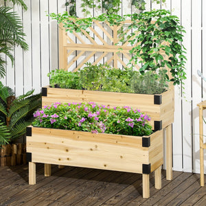 English Elm Outsunny Stylish 2-Tier Raised Garden Bed With Trellis - Elevated Wooden Planter For Vegetables & Herbs W2225P217247-GIGA