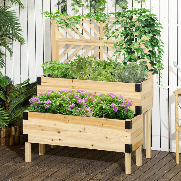 English Elm Outsunny Stylish 2-Tier Raised Garden Bed With Trellis - Elevated Wooden Planter For Vegetables & Herbs W2225P217247-GIGA