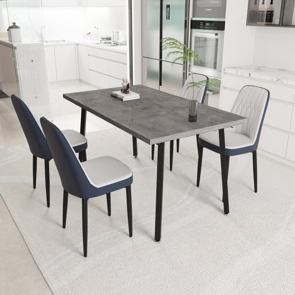 English Elm 55.12-70.87" Expandable Dining Table Set Seats 6 with Pu Upholstered Chairs Black Metal Legs Grey,White W2189S00915