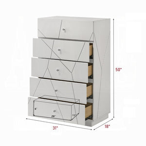 English Elm Ultra Modern white and silver 6-drawer dresser with embossed lines, smooth metal glides, luxe knobs Glossy White 35 L x 22 W x 56 H B2741P408970