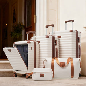 English Elm Luggage 5 Piece Abs Hardshell Travel Set with Usb Port Spinner Wheels and Tsa Lock Brown+White N732P265290K