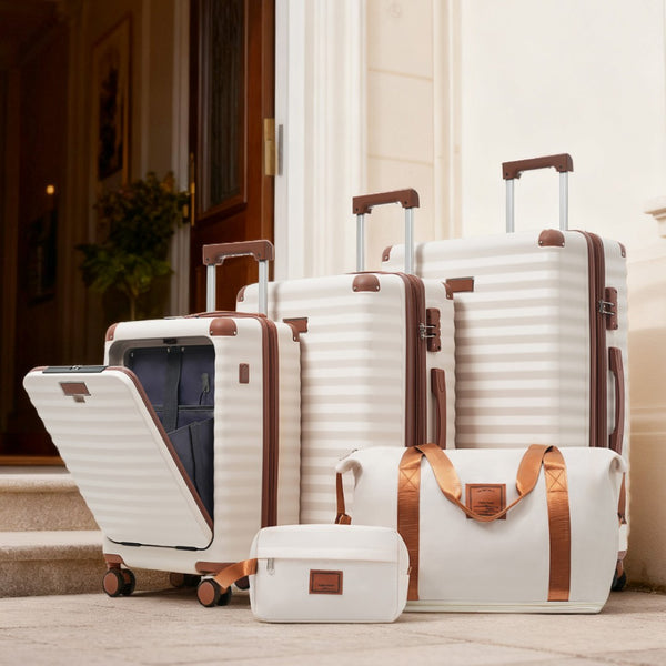 English Elm Luggage 5 Piece Abs Hardshell Travel Set with Usb Port Spinner Wheels and Tsa Lock Brown+White N732P265290K