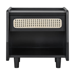 English Elm Black Rattan Panel Nightstand with Open Shelf Drawer Mdf Modern Bedroom Storage N770P374577B