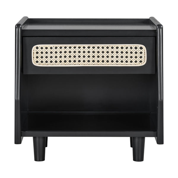 English Elm Black Rattan Panel Nightstand with Open Shelf Drawer Mdf Modern Bedroom Storage N770P374577B