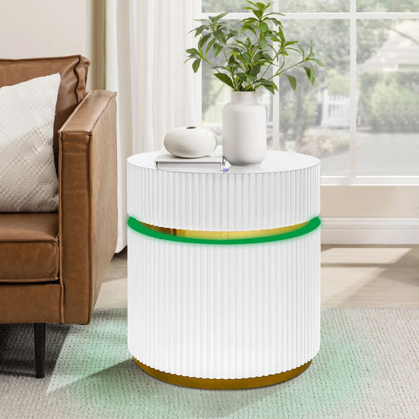 English Elm Tivoli Round Glass Top Side Table with Led Reeded Base and Gold Trim Accent B2749P413290