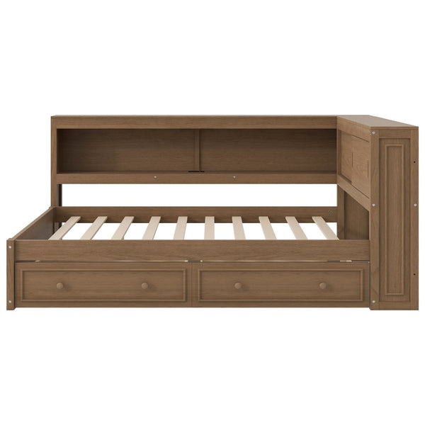 English Elm Full Pine Platform Daybed with Led Lighting Usb Charging Headboard Shelf and Drawers Wood N7090004032D