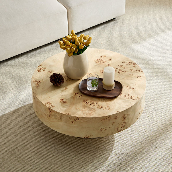 English Elm 31.49''Mid Century Modern Round Burl Coffee Table with Sturdy Pedestal, Compact 31.49" Table for Apartments W876P279838