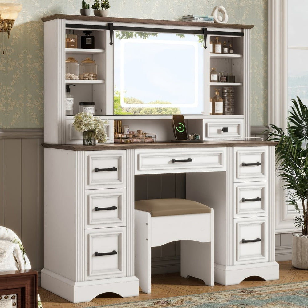English Elm 47.2" Farmhouse Vanity Desk with Led Mirror Sliding Storage Stool 9 Drawers Oak White N704G202304A