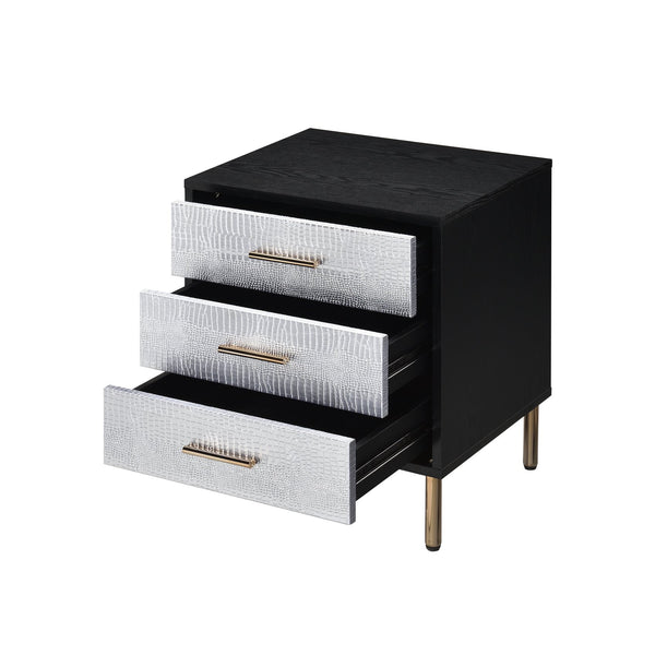 English Elm 1pc Glamorous Black Nightstand 3-Drawer Faux Crocodile Fronts Gold Legs Hollywood Glam Accent B2741P323121