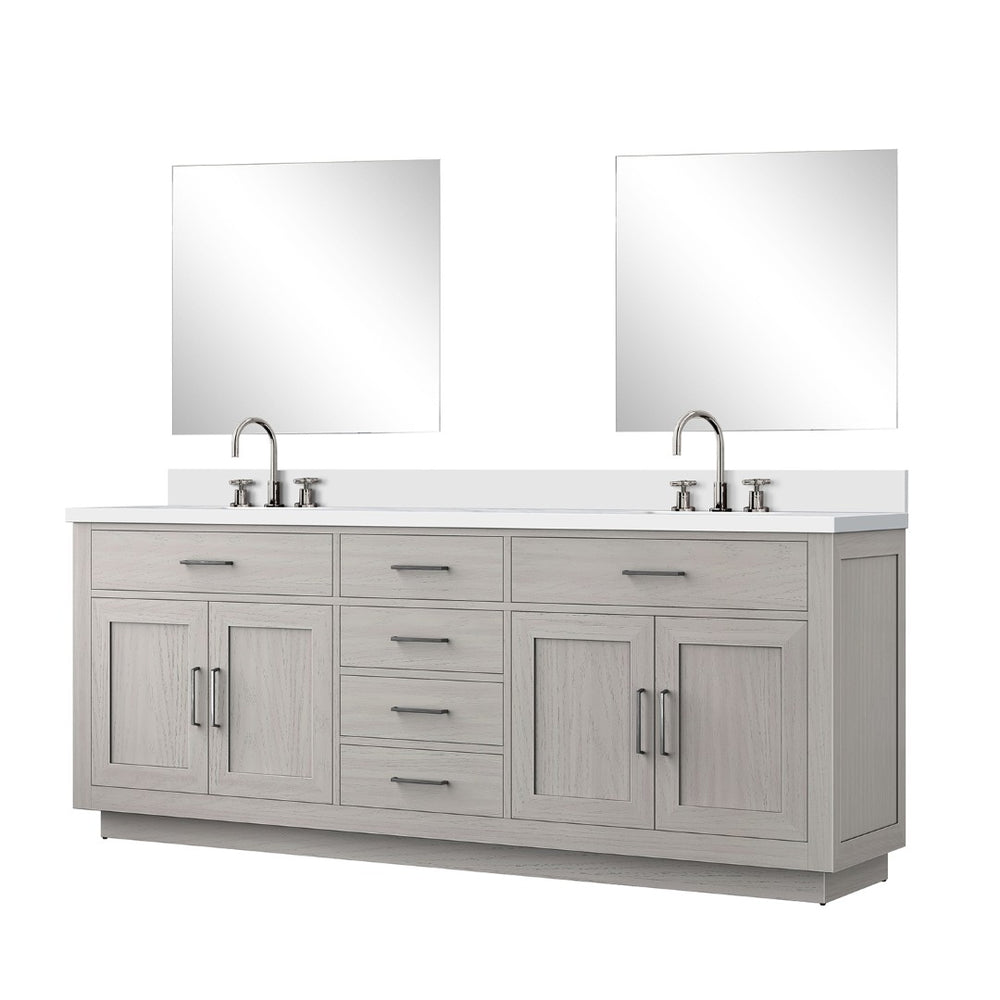 English Elm White Oak Double Bath Vanity Set With White Quartz Top, Mirrors & Chrome Faucets - Ready To Install! B2731S01818-GIGA