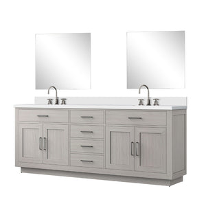 English Elm White Oak Double Bath Vanity Set With White Quartz Top, Mirrors & Chrome Faucets - Ready To Install! B2731S01818-GIGA