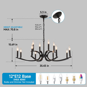 English Elm 12-light Industrial Farmhouse Chandelier Matte Black Metal for High Ceiling Spaces W5008P392712