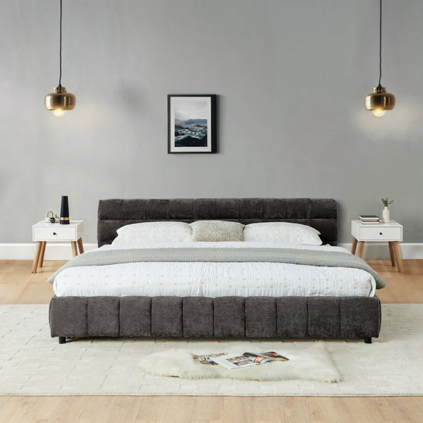 English Elm California King Platform Bed Chenille Upholstered Frame with Storage Drawers Modern Dark Gray W487S00421
