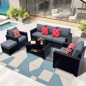 English Elm Outdoor 7-Piece Pe Rattan Patio Furniture Set With Cushions & Coffee Table For Stylish Relaxation W213S00046-GIGA