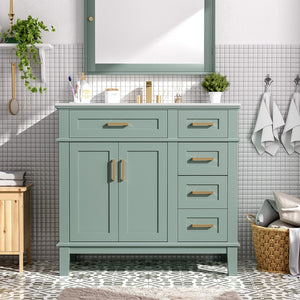 English Elm 36" Navy Bathroom Vanity Solid Wood Frame Ceramic Sink Gold Hardware Soft Close Light Green N729P380151F