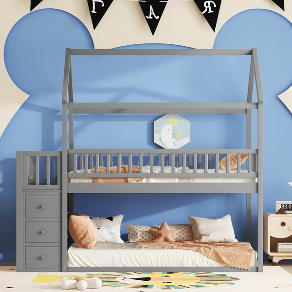 English Elm Twin/twin House Bunk Bed Solid Pine Playhouse Frame with Storage Drawers Shelves Grey W697S00033