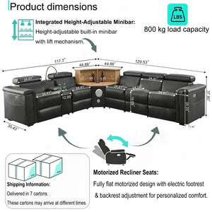 English Elm 5-seater Air Leather Power Reclining Sectional with Led Bluetooth Subwoofer and Lift Cabinet Black W1191S00121