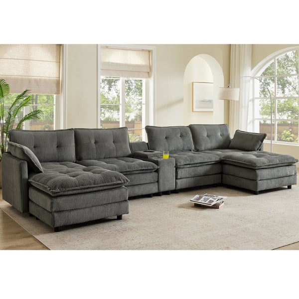 English Elm 154" Corduroy U-shaped Sectional with Ottomans Six Seat Modular Cloud Sofa Usb Console Grey W1998S00103