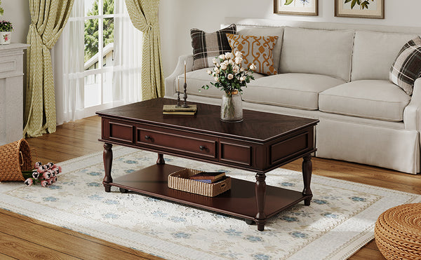English Elm Farmhouse Retro Coffee Table with Lockable Wheels, One Drawer & Lower Shelf, Solid Wood Legs, Durable Finish Espresso N721P307935P