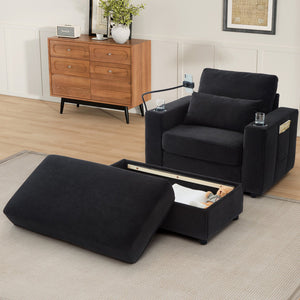 English Elm Modern Multifunctional Armchair with Chaise Lounge, Hidden Ottoman Storage, USB Ports & Cup Holders Black N719P292700B