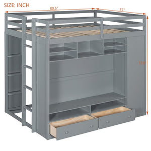 English Elm Full Size Loft Bed with Led Lighting Wardrobe Drawers and Shelves for Teen Rooms Gray LT000499AAE