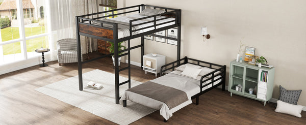 English Elm Twin Xl Solid Pine Loft Bed with Built-in Led Lighting and Storage Shelves W1580S00442