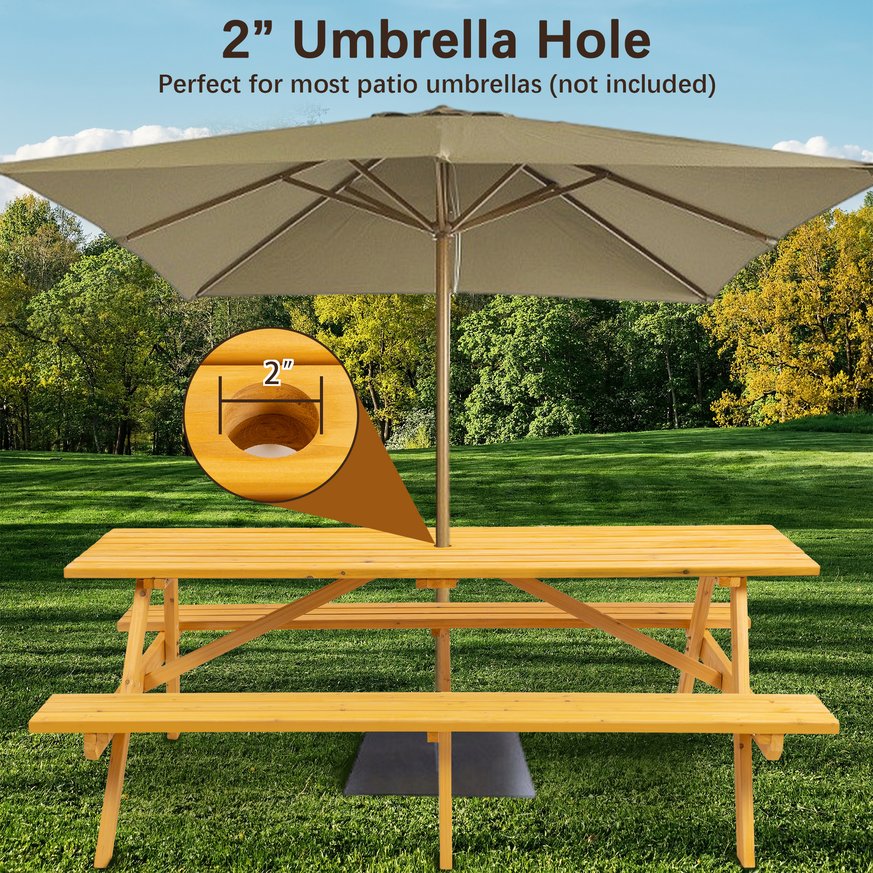 English Elm 8 Person Yellow Wooden Picnic Table with 2 Benches, Heavy-Duty Outdoor Garden Dining Table, 2" Umbrella Hole, 2220lb Capacity W1422P253376