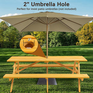 English Elm 8 Person Yellow Wooden Picnic Table with 2 Benches, Heavy-Duty Outdoor Garden Dining Table, 2" Umbrella Hole, 2220lb Capacity W1422P253376