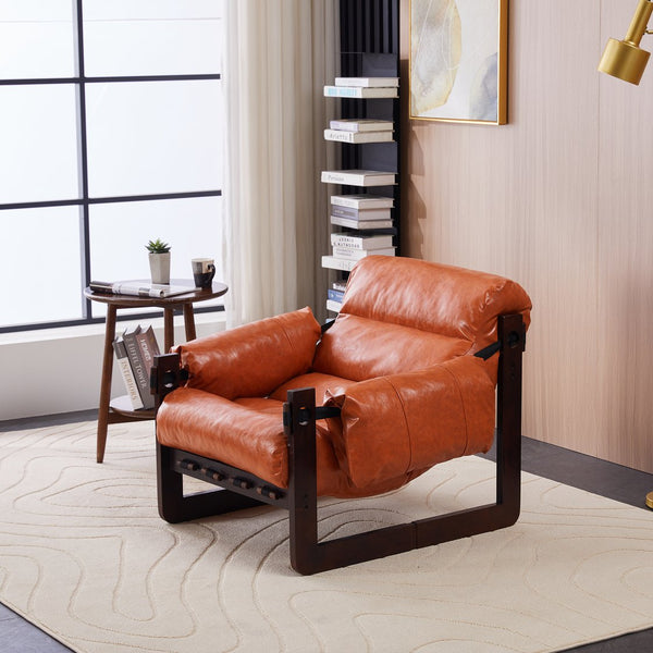 English Elm Medieval premium lounge chair with oil-waxed leather, removable cushion, mortise & tenon frame stability Retro Orange W2989P328541