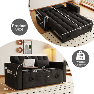English Elm 65-inch Velvet Convertible Sleeper Sofa with Usb Port Storage Armrests Adjustable Back Black W2564S00114