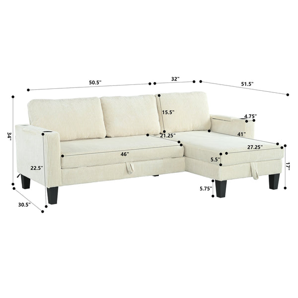 English Elm Reversible Sectional Sofa with Storage Chaise, USB Ports, Cup Holders, Corduroy Sleeper Sofa for Home Comfort Beige W680S00033