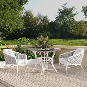 English Elm Jennifer Taylor Home - Rowan Optic White Rope Barrel Back Patio Arm Chairs Set of 2 — Aluminum Frame, Removable Cushions, Weather-Resistant Acrylic B2719P245980