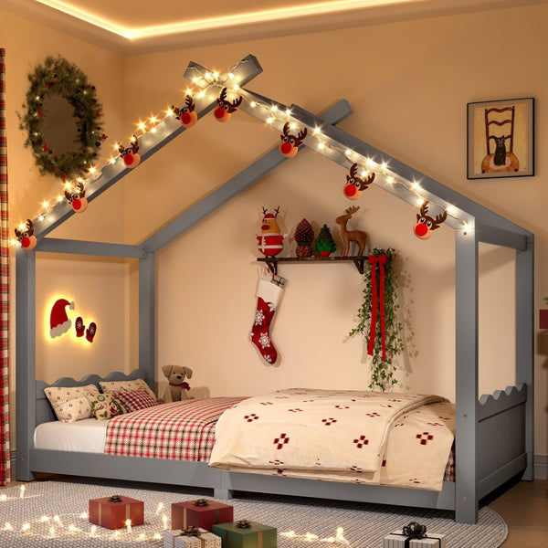 English Elm Twin House Frame Floor Bed Solid Pine Kids Room Montessori Low Profile Play Nook Gray W1580P387838
