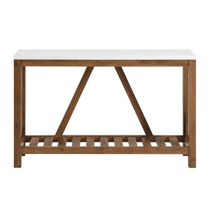 English Elm Walker Edison - Farmhouse A-Frame Faux Marble Entry Table With Lower Shelf - Faux White Marble/Walnut