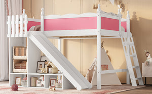 English Elm Full Loft Bed With Detachable Slide, Storage Shelves, And Cabinet In Pink & White – Fun & Functional! W1580S00245