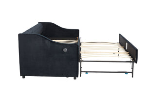 English Elm Twin Velvet Daybed with Pull Out Trundle Tufted Back Usb Port and Side Pockets Black W1361S00039