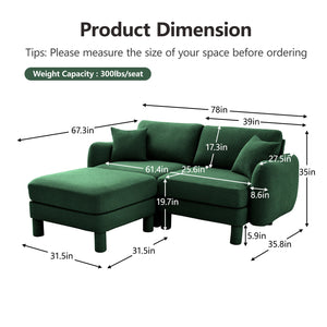 English Elm Boucle Loveseat Sectional Sofa With Removable Ottoman, Shell-Shaped Armrests, Green For Chic Spaces W3041S00307