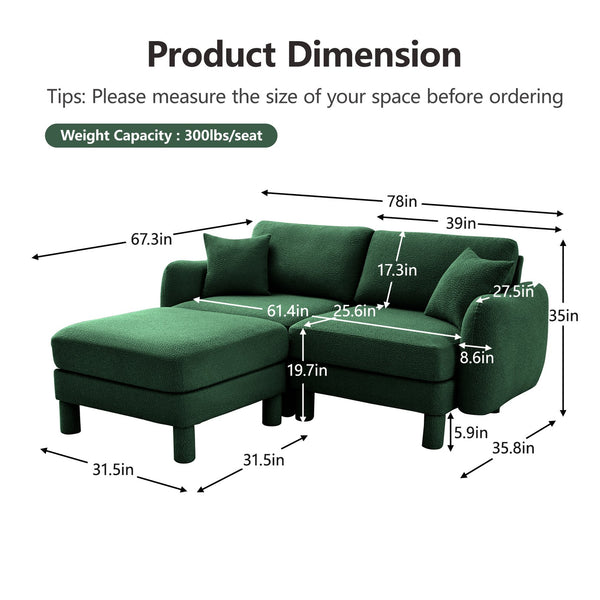 English Elm Boucle Loveseat Sectional Sofa With Removable Ottoman, Shell-Shaped Armrests, Green For Chic Spaces W3041S00307