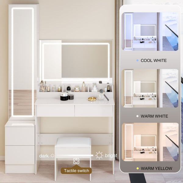 English Elm Full Bedroom Vanity Set with Led Round Mirror Touch Lighting Stool and Cabinet Storage White W3258S00007