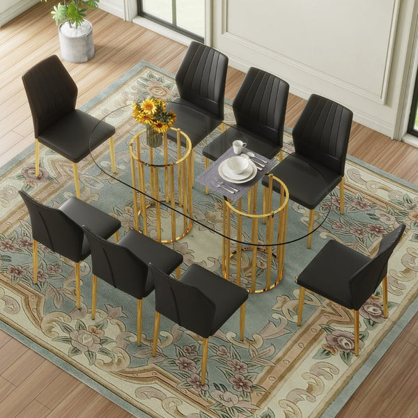 English Elm Table Set Oval Tempered Glass Top Gold Column Base with Eight Pu Leather Dining Chairs W1151S04727