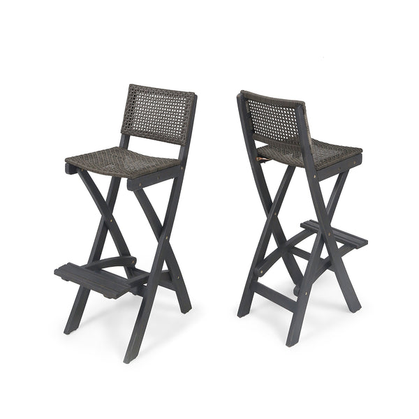 English Elm Christopher Knight Home® - 41.75" Outdoor Folding Acacia Wood Barstools with Wicker Seat, Weatherproof Foldable Patio Stools Dark Gray 65093.00DGRY