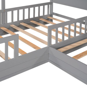 English Elm Wood House Bed L Shaped Twin Frame Solid Pine Kids Bedroom with Fence Rail Slats LP001345AAE