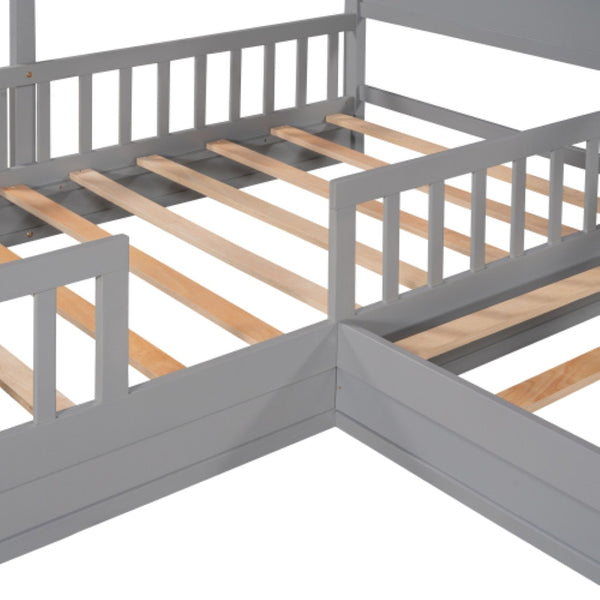 English Elm Wood House Bed L Shaped Twin Frame Solid Pine Kids Bedroom with Fence Rail Slats LP001345AAE