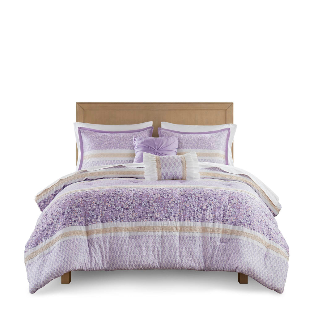 JLA Home Madison Park - 5 Seersucker comforter set with floral lace trims, ruffled pillows, hypoallergenic, cottage charm 90 L x 90 W x 1.5H MP10-8792