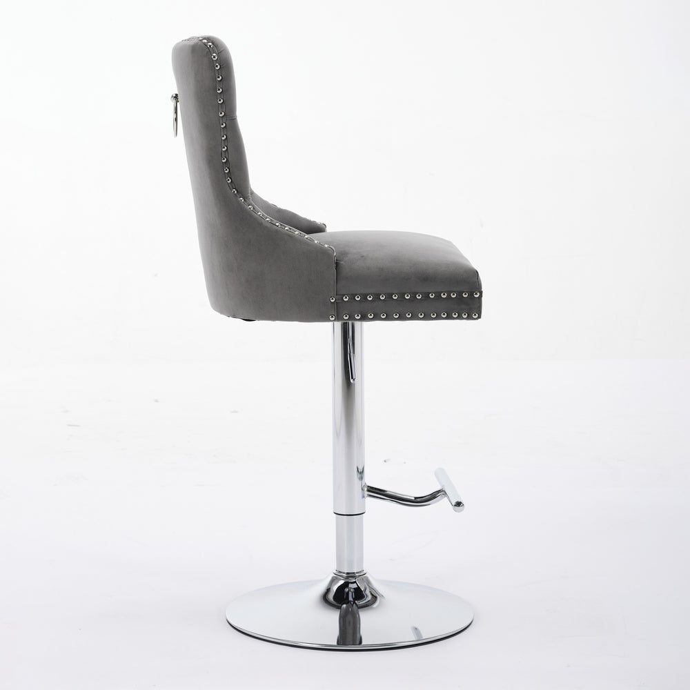 English Elm Thick Velvet Swivel Barstools Adjustable 25-33" Height with 17.7" Chrome Base, Tufted Diamond Pleat Elegance Gray W1143P335043