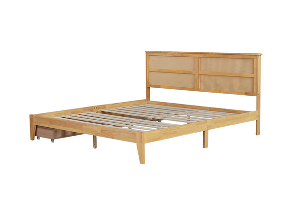 English Elm King Rattan Bed with Two Under-Storage Drawers, Rubberwood Slats, Durable 600 lb Capacity Frame White Oak W504S00229