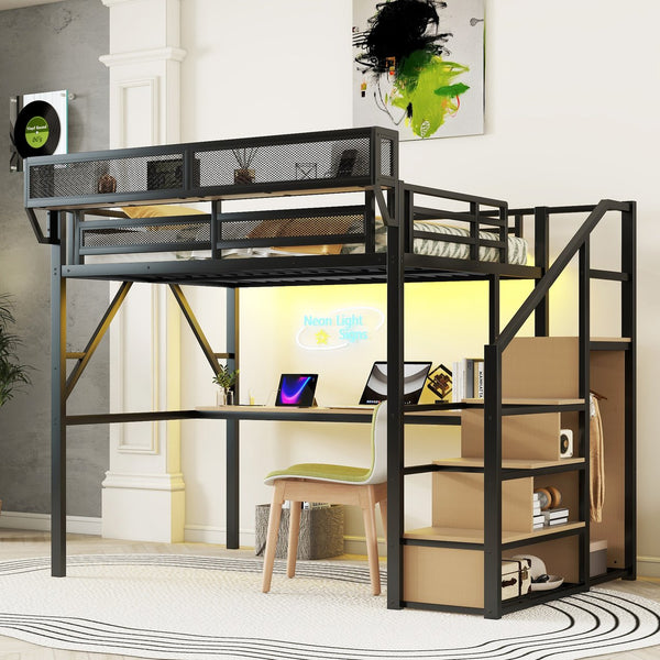 English Elm Full Loft Bed with Desk and Charging Station, Metal Loft with Stairs, Wardrobe, Shelves & Light Black W2580S00047
