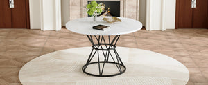 English Elm A Round Marble Patterned Mdf Dining Table with Matte Hourglass Base Seats Six White+Black W1151P434791